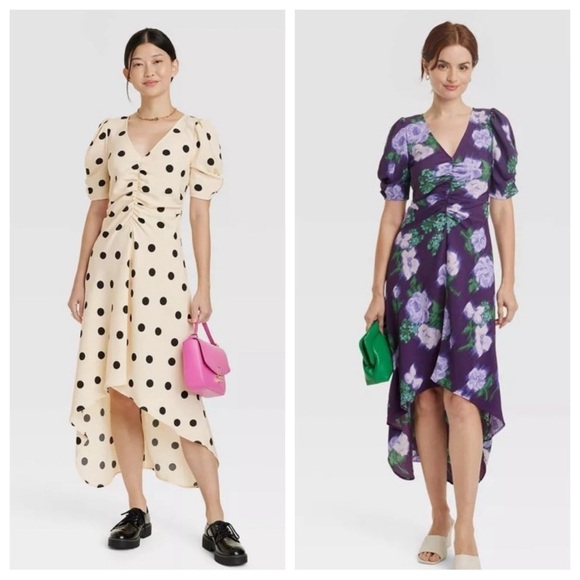 a new day Dresses & Skirts - NWT 2 For 1 A New Day High Low Ruched Sleeve Dress 1 Polkadot & 1 Purple Flower